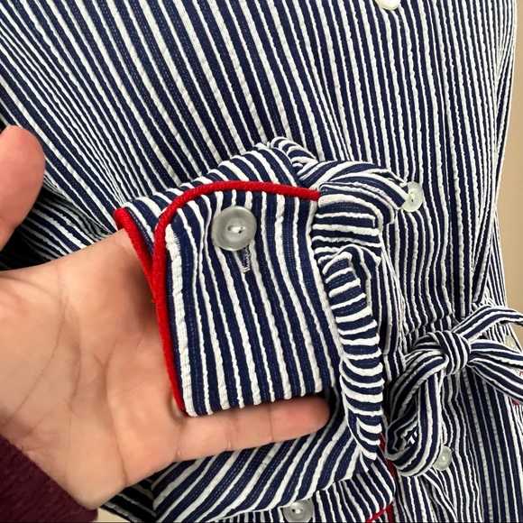 Vintage | Blue White Striped Long Sleeved Dress Red Piping - Picture 5 of 6